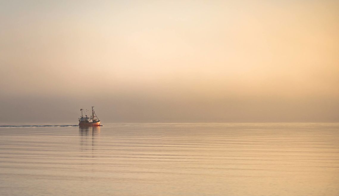 Baltic Sea romance: A fishing boat sails out into Lübeck Bay early in the morning © TSNT