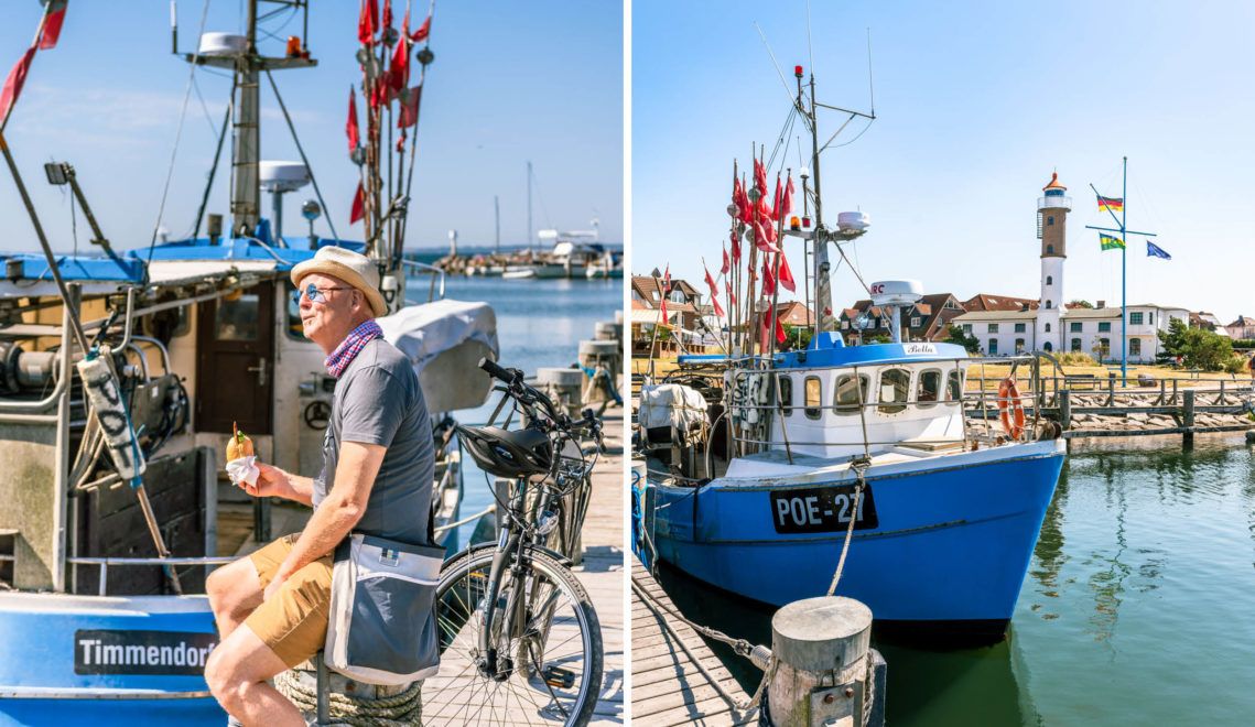 Mit einem frischen Fischbrötchen in der Hand sieht die Welt doch gleich fröhlich aus: Malerische Impressionen vom kleinen Hafen in Timmendorf auf der Insel Poel ©TMV/Tiemann