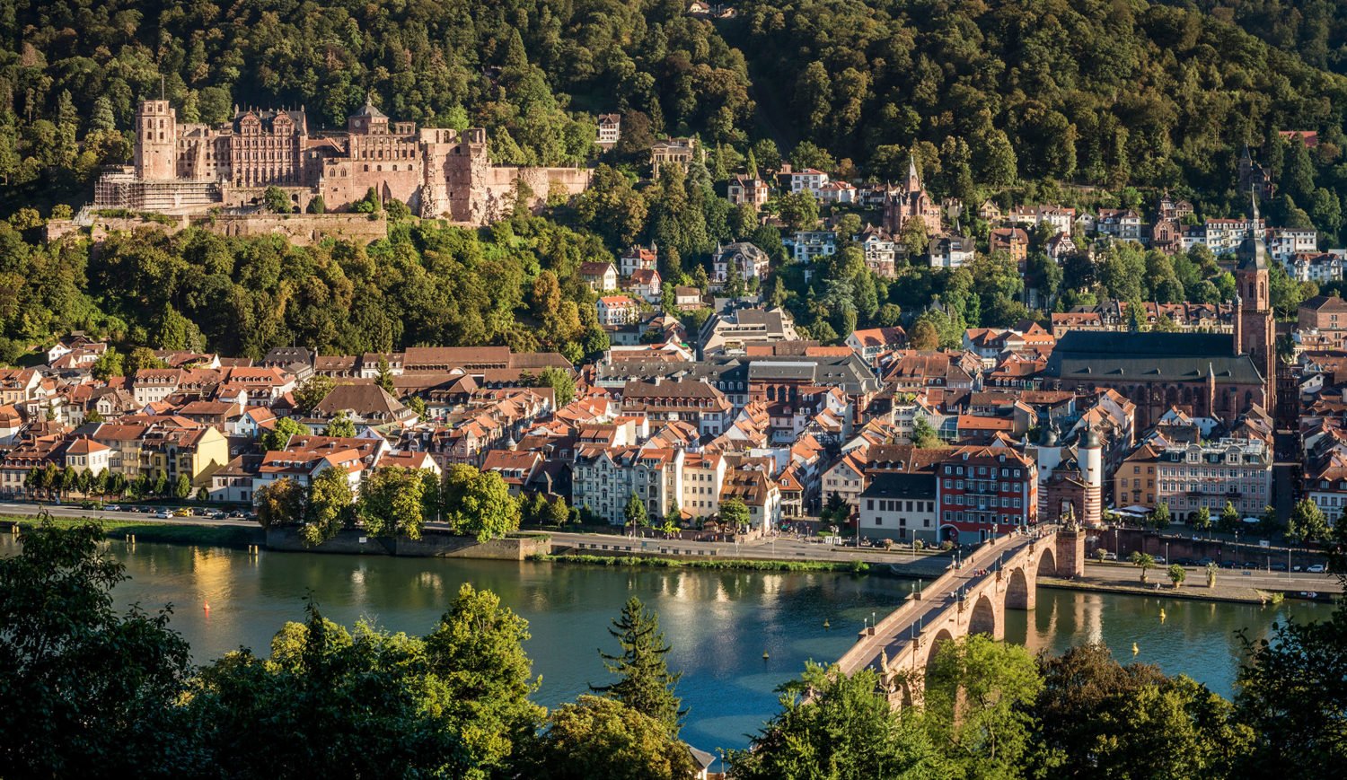 View of Heidelberg, including castle ruins and Neckar river