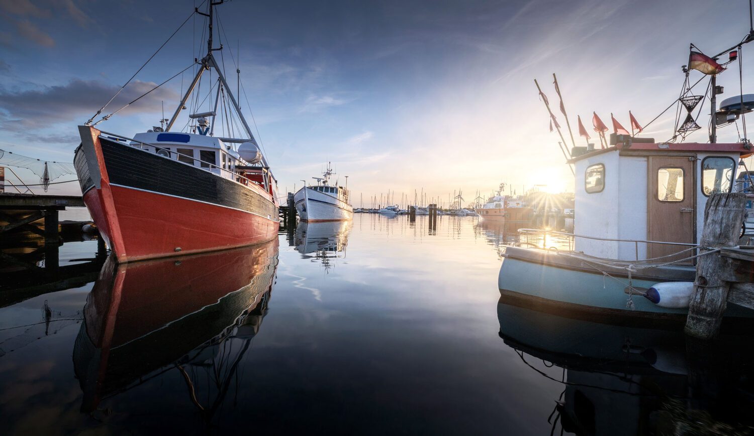 In the Fehmarn harbor Burgstaaken are anchored fishing boats as well as smaller and larger yachts