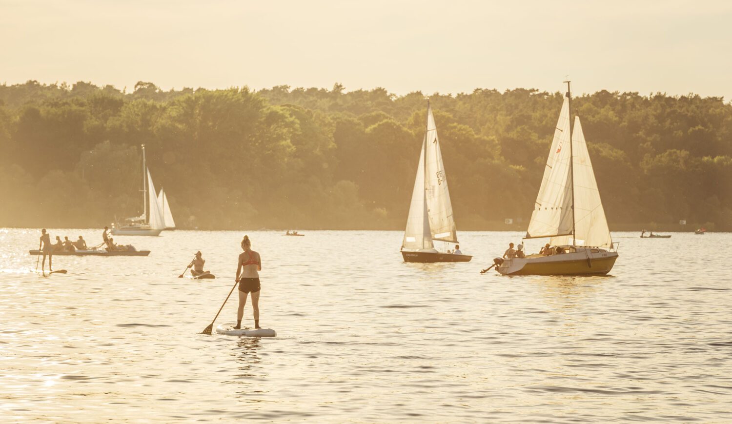 Stand-up paddlers and sailboats at the Wassersportcenter Berlin